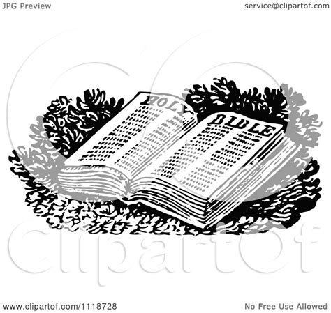 Clipart Of A Retro Vintage Black And White Open Holy Bible - Royalty ...