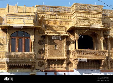 Balcony Detail Of Sandstone Carved Haveli Or Old Merchants House In The