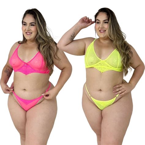 Kit Lingerie Plus Size Sexy de Tule Transparente Cores Neon e Básicas dos Tamanhos ao