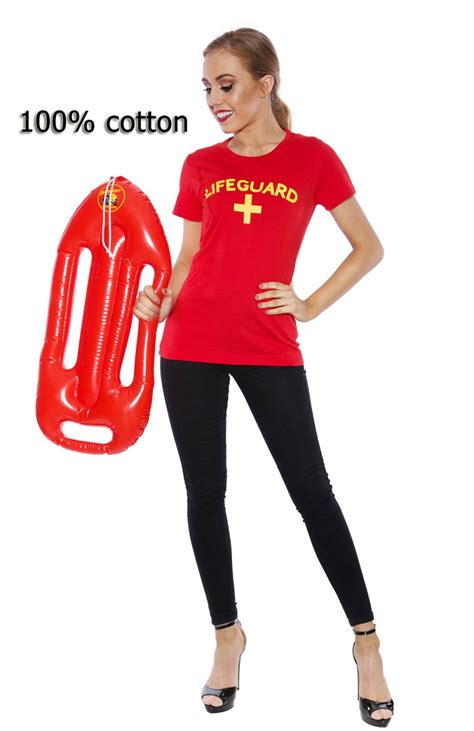 Ladies Beach Lifeguard Uniform T-shirt Fancy Dress Costume Outfits