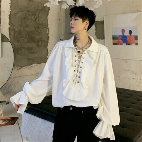 Men Ruffle Shirts Blouse Tops Lace Up Retro Gothic Flare Sleeve