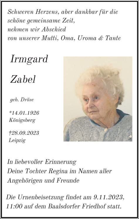 Traueranzeigen Von Irmgard Zabel Trauer Anzeigen De