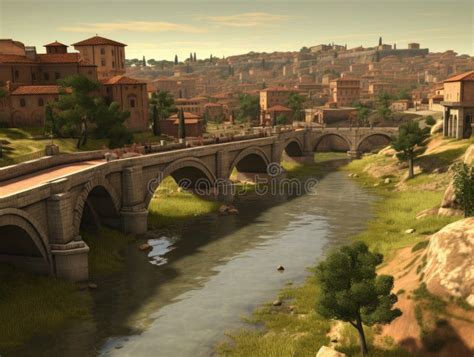 Illustration of Ancient Rome with Paved Roads, River and Ancient ...