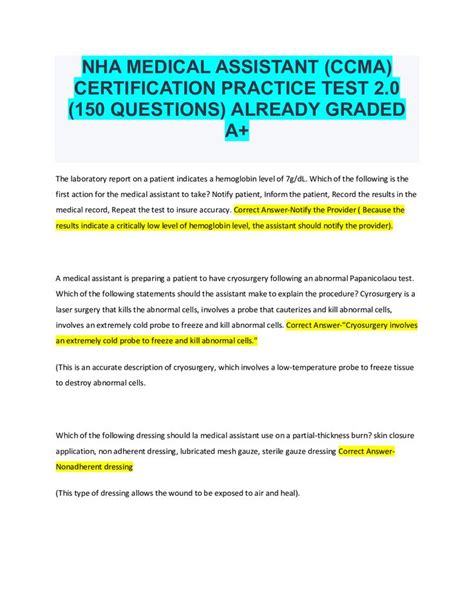 Nha Medical Assistant Ccma Certification Practice Test 2 0 150 Questions Already Graded  In