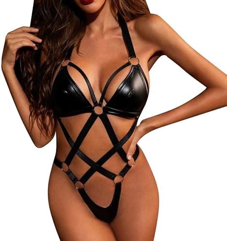 Womens Wet Look Lingerie Leather Bodysuit Mesh Patchwork Halter Neck