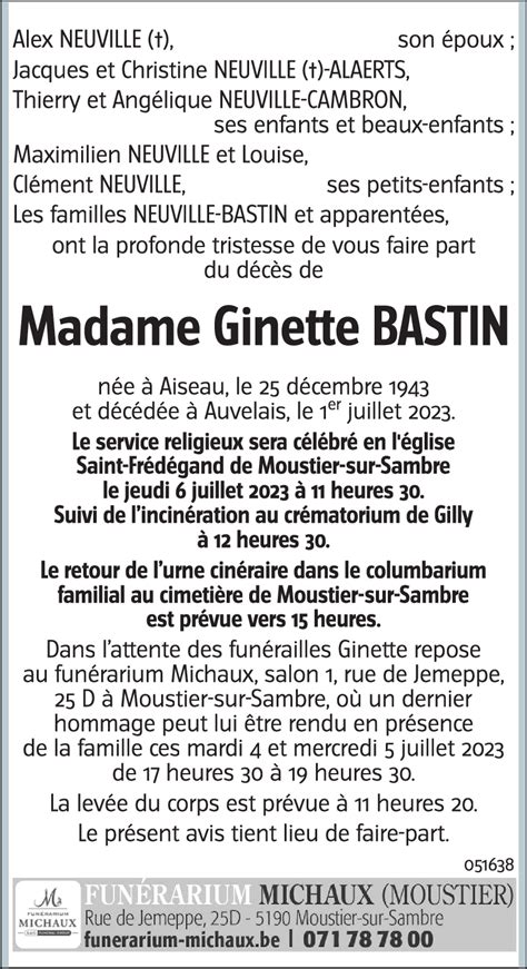 Avis de décès de Ginette Bastin décédé le 01 07 2023 à Auvelais