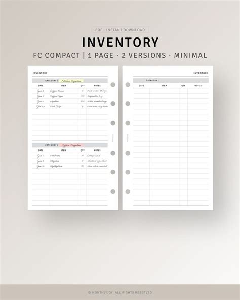 Inventory Tracker Template Fc Compact Inserts Printable Vertical