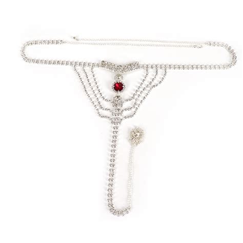 Sexy Bikini Lingerie Red Crystal Women Thong Panties Body Chain Rhinestone Bra And Thong Set