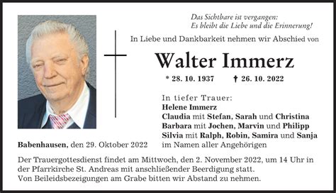 Traueranzeigen Von Walter Immerz Augsburger Allgemeine Zeitung