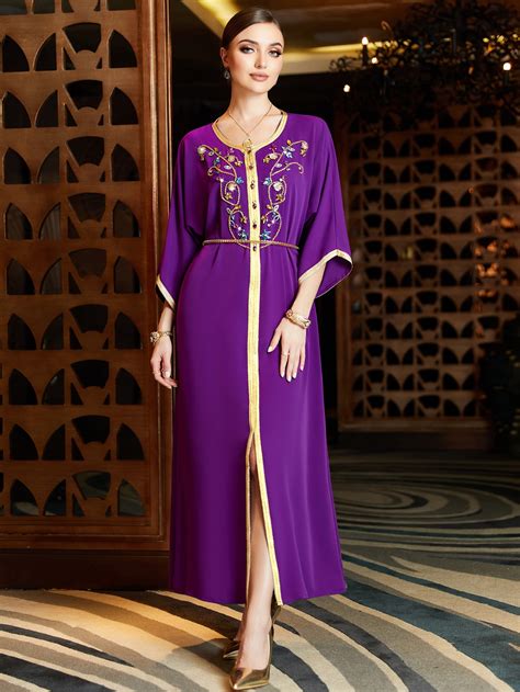 Shein Najma Floral Embroidery Contrast Trim Belted Kaftan