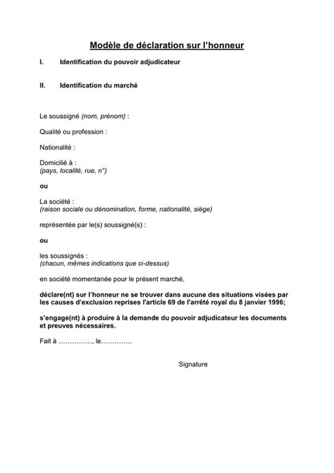 D Claration Sur L Honneur T L Chargement Gratuit Documents Pdf Word