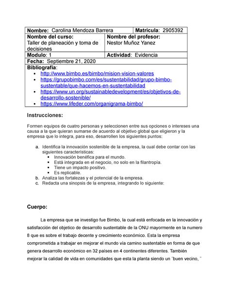 Evidencia 1 Nota 100 Nombre Carolina Mendoza Barrera Matricula