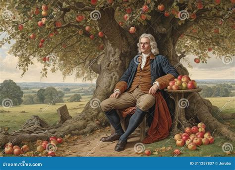 Isaac Newton The Famous Scientist Sit Under Apple Tree Stock