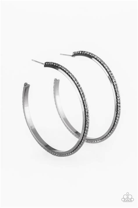 Paparazzi Girl Gang Black Gunmetal Diamond Cut Hoop Earrings