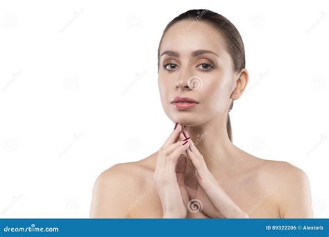 Beauty Female Portrait With Naked Shoulders Isolated On White Stock Photo Image Of Gesture