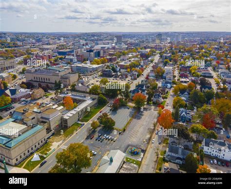 Aerial view of historic downtown Worcester with fall foliage in city of ...