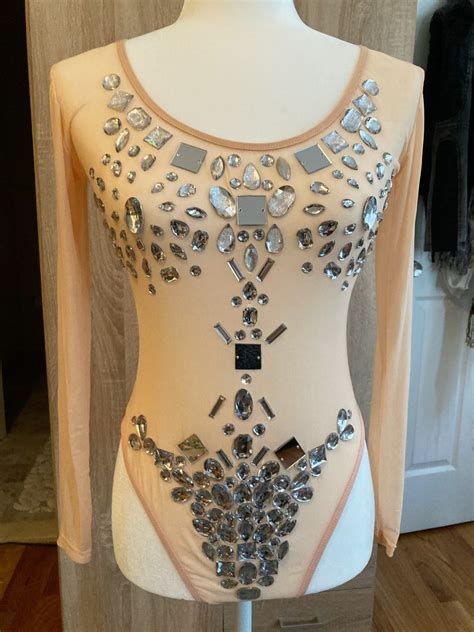 Nude Sheer Crystal Rhinestone Gem Bodysuit Etsy