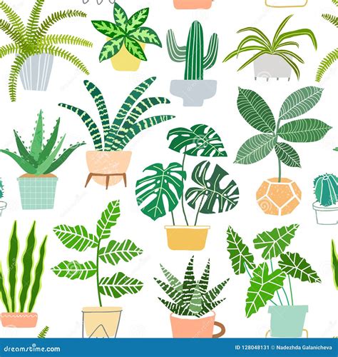 House Plants In Pots Vector Seamless Pattern Houseplant Background