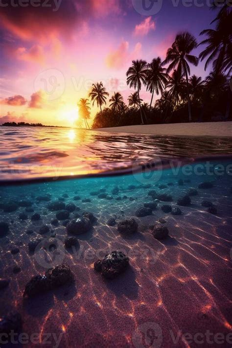 Photograph of beautiful inviting beach scene with purple sunset sky. AI ...