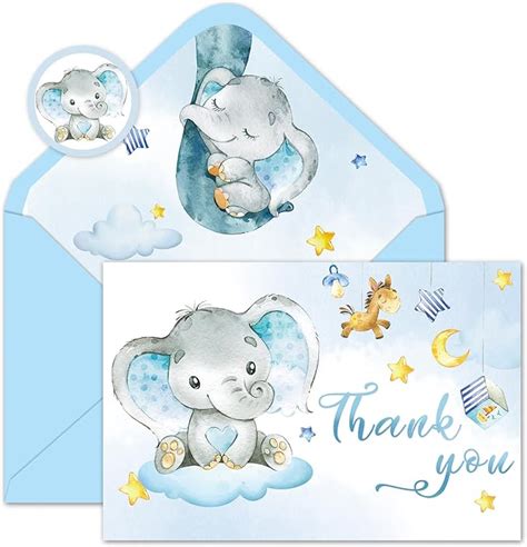 Amazon Whaline Packs Elephant Thank You Cards Blue Baby