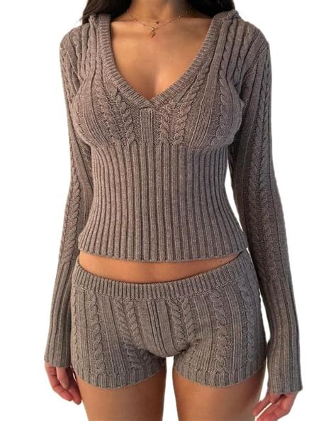 Y2k Women 2 Piece Knitted Outfits Knitted Sweater Top Zipper Jacket