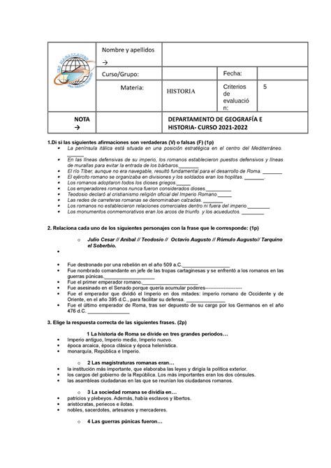 Examen Roma Actividades Para Trabajar La Asignatura De O De