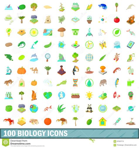 100 Biology Icons Set Cartoon Style Stock Vector Illustration Of