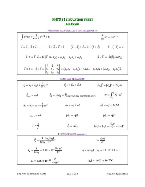 Equation sheet - Notes - DUQ PHYS 212-01/212R-01 GAP II Spring 2019 ...