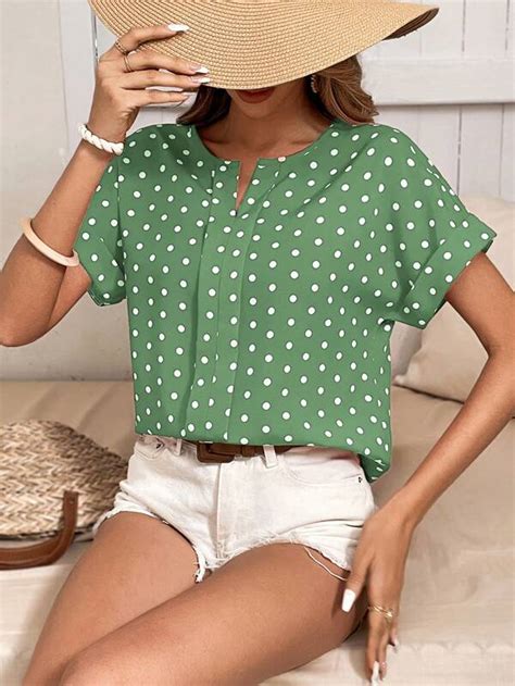 Shein Lune Polka Dot Notched Neck Batwing Sleeve Blouse Shein Usa