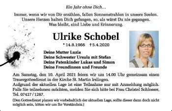 Traueranzeigen Von Ulrike Schobel Schwarzw Lder Bote Trauer