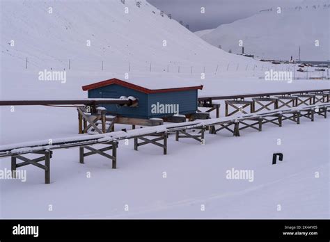 Raised Pipes And Hut Infrastructure Longyearybyen Svalbard Stock Photo