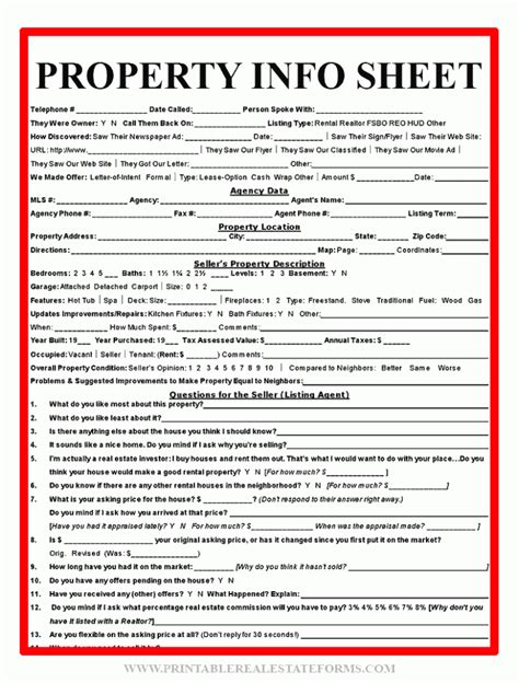 PDF Free Printable Property Information Sheet Template