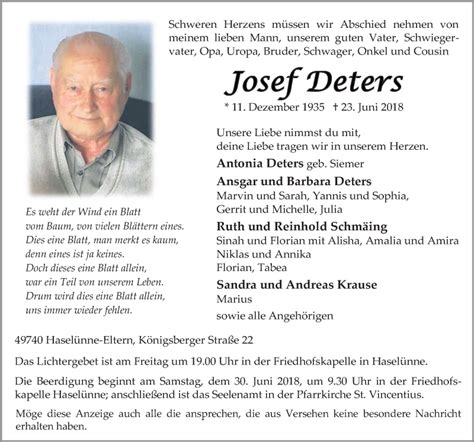 Traueranzeigen Von Josef Deters Noz Trauerportal