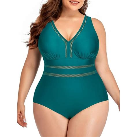 Chama Womens Plus Size One Piece Swimsuits V Neck Tummy Control