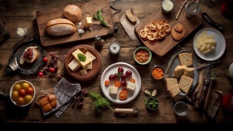 Premium AI Image | Top view on wood table full of food and ingredient