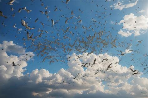 Premium Photo | Swarm of birds on the beautiful sky with clouds ...