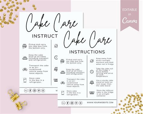 Cake Care Card Editable Template Wedding Cake Care Cards Printable