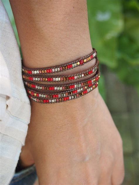 Red Mix Wrap Bracelet Seed Beaded Boho Wrap Bracelet Beadwork