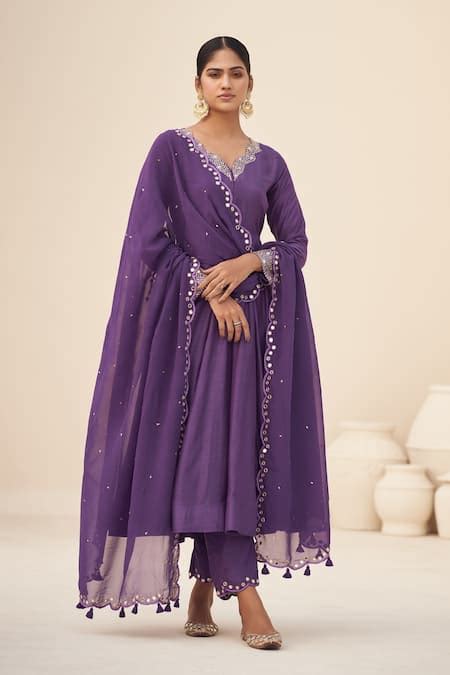 Buy Purple Kurta And Pant Cotton Silk Embroidery Mirror V Neck Hand