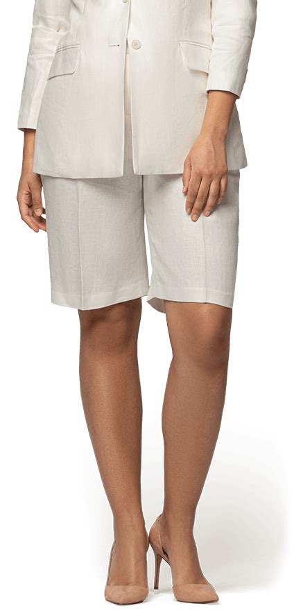 White Herringbone Linen High Waisted Pleated Wide Leg Bermudas Sumissura