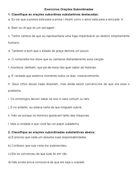 Exercícios sobre Orações Subordinadas | PDF | Artes Linguísticas e ...