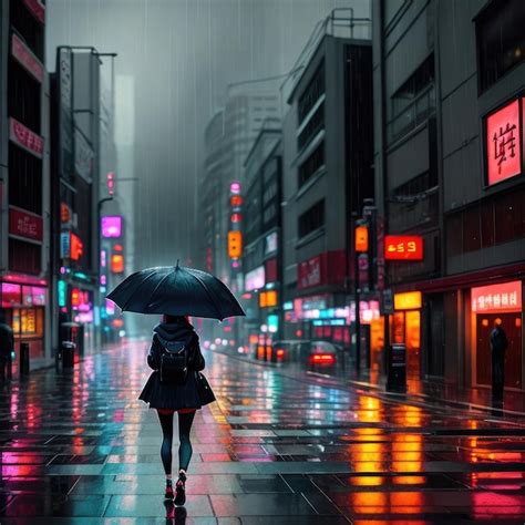 Premium Ai Image A Woman Walks Down A Wet Sidewalk In The Rain With