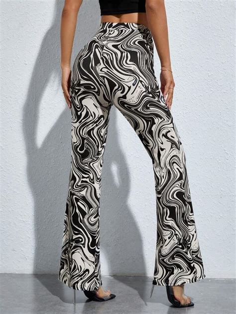 SHEIN PETITE Marble Print Flare Leg Pants SHEIN USA