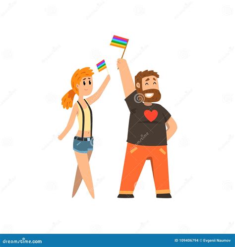 Man And Woman With Rainbow Flags Lgbt Community Celebrating Gay Pride