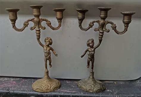 Ancienne Paire De Bougeoirs Chandeliers Cherubin Putti Bambin Enfant En