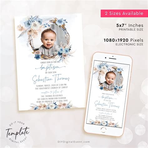 Editable Baptism Invitation Template Blue Boho Christening Etsy