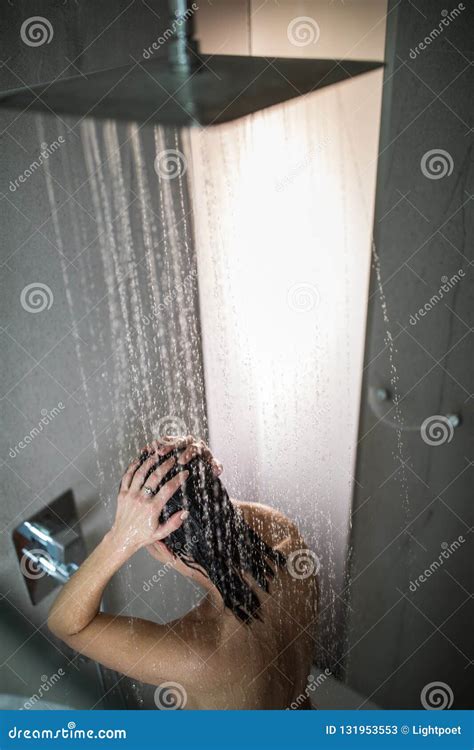 Woman Taking A Long Hot Shower Washing Her Hair Stock Image Image Of