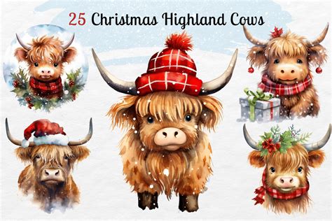 Christmas Highland Cow Clipart Graphic By Y Watercolor Studio