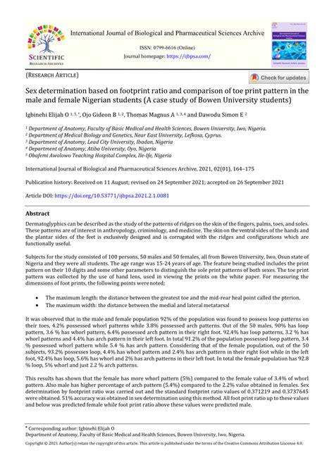 PDF Sex Determination Based On Footprint Ratio And Comparison Of Toe Print Pattern In The Male