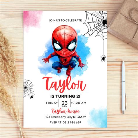 Editable Spidey Spiderman Birthday Card Invitation Template Superhero